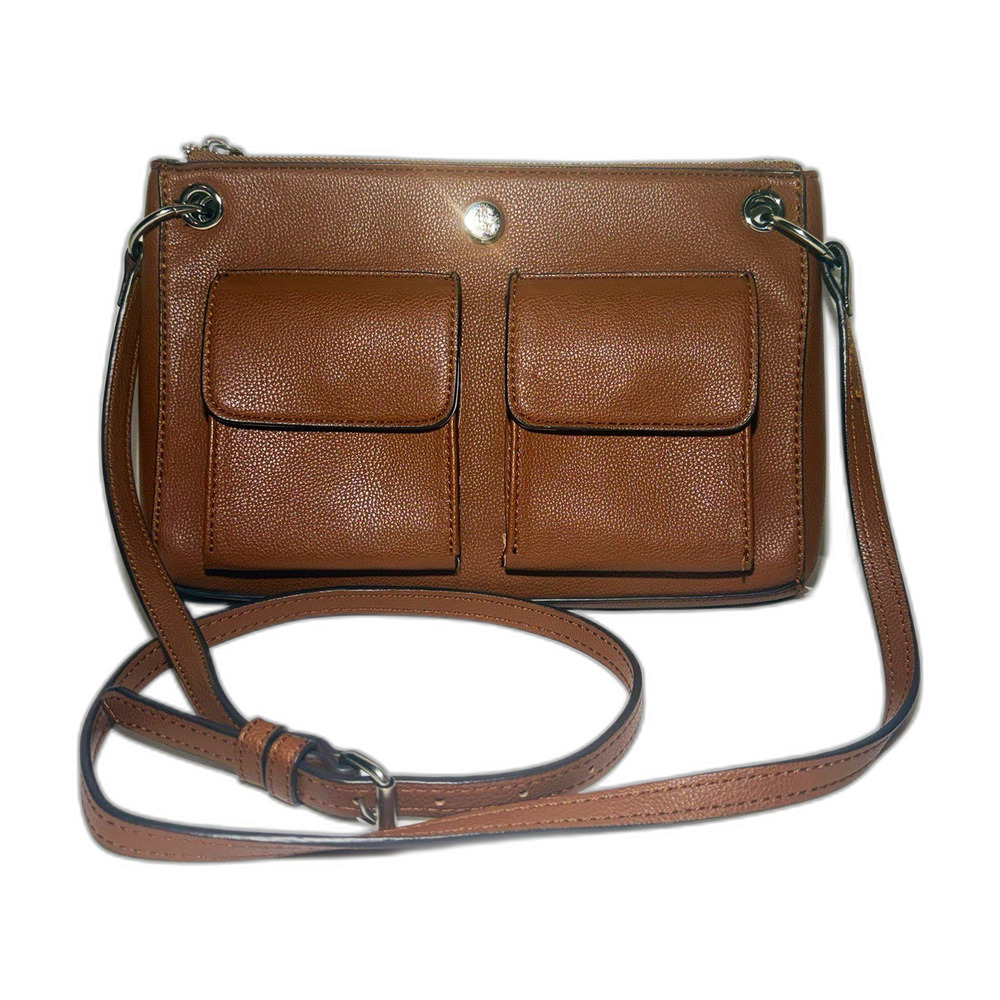 Chaps Brown Pebbled Zip Crossbody Bag Adjustable Strap Pockets Lined Y2K 10x7 in